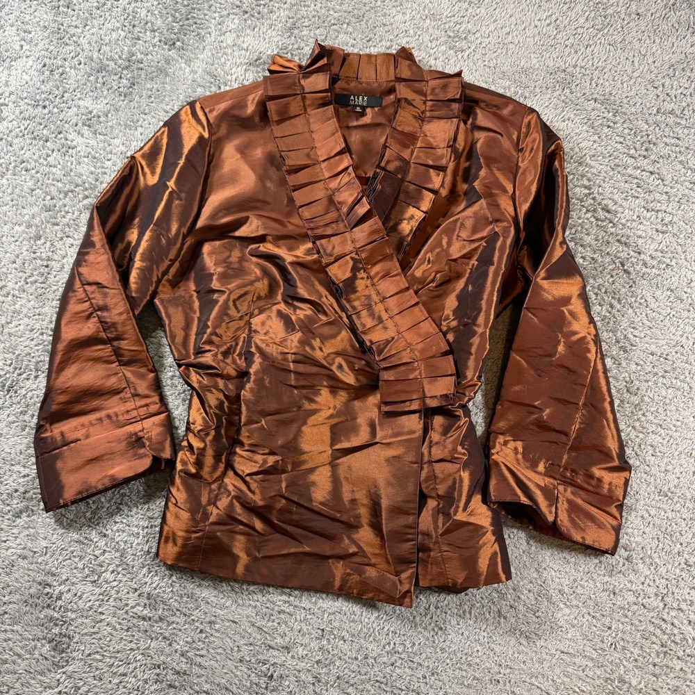 Alex Marie Blouse XL Bronze Metallic Ruffle Wrap Top 3/4 Sleeve Evening Wear
